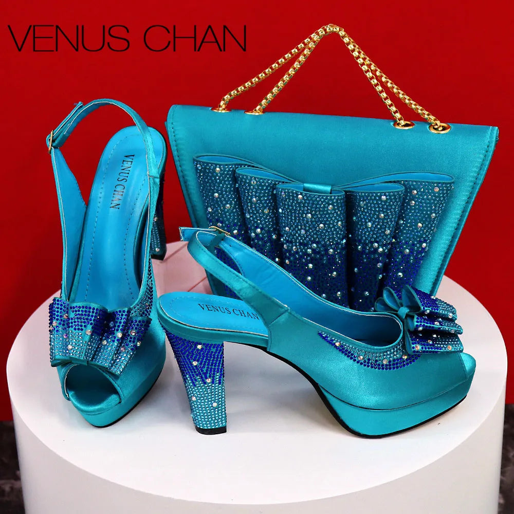 High Quality Yellow Color Fish Beaked Toe Cap Thin Heels Ladies Shoes Matching Bag
