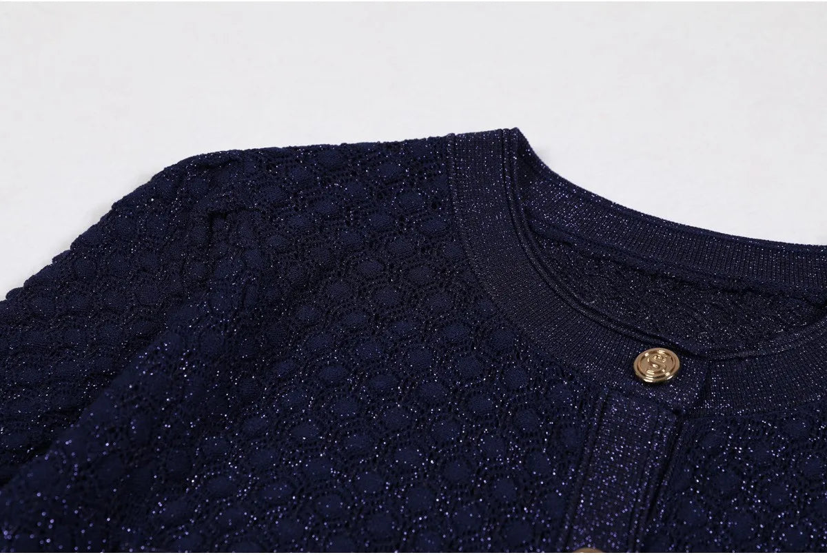 High Quality Fashionable Elastic Bright Silk Knitted Round Neck 7-inch Sleeve Single Row Button Lace Slim Fit Women's Dress