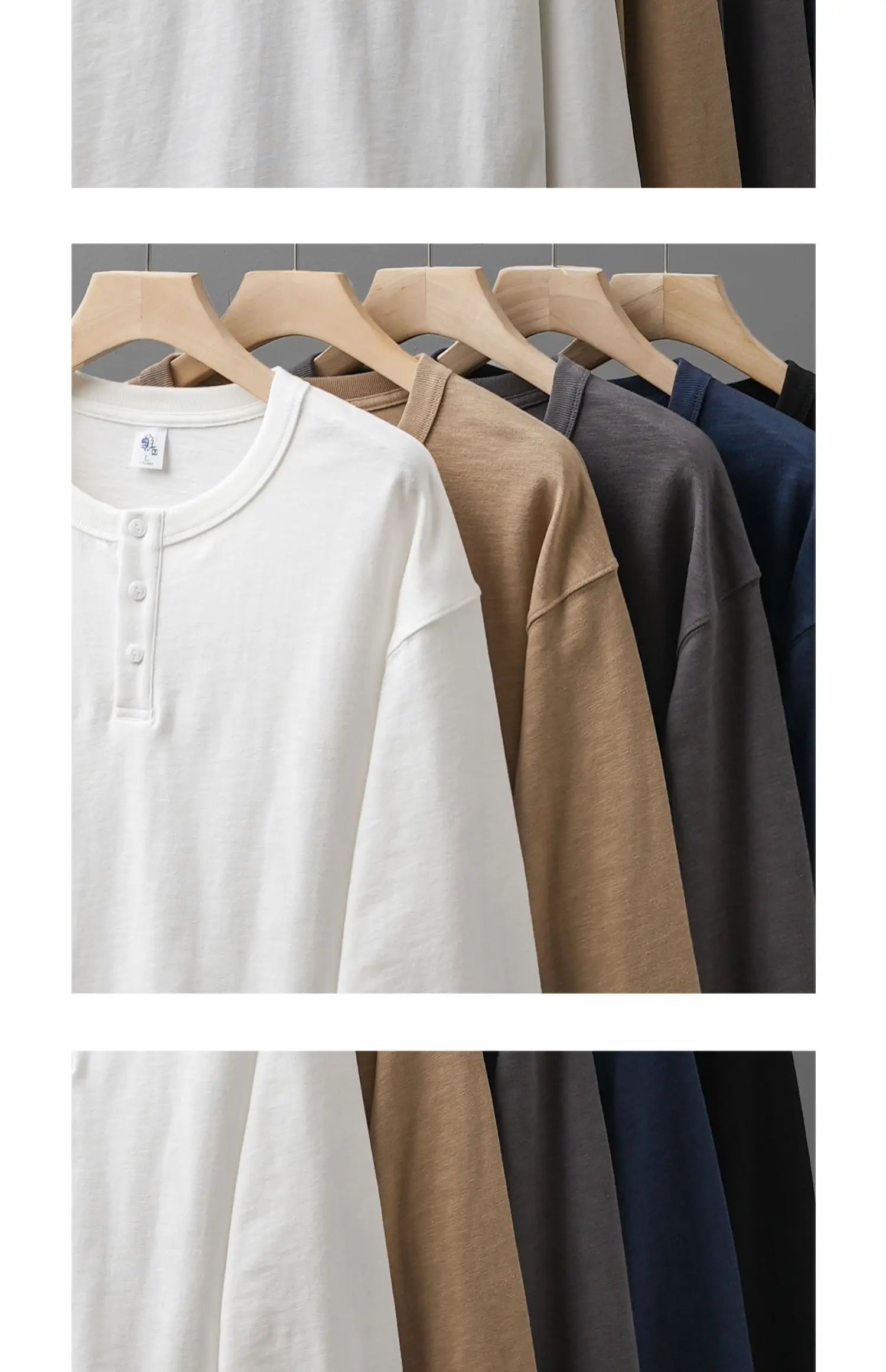 320G Heavyweight 100% Cotton Henley Neck T Shirt for Men Long-Sleeved Spring Autumn Casual Tops Solid Color Undershirts