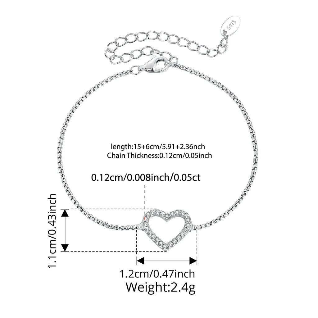 925 Sterling Silver Hollowed Heart Moissanite Bracelet Adjustable Knot Wrist Chain for Women Teen Minimalist Love Gift