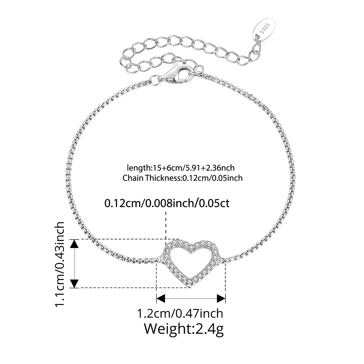 925 Sterling Silver Hollowed Heart Moissanite Bracelet Adjustable Knot Wrist Chain for Women Teen Minimalist Love Gift