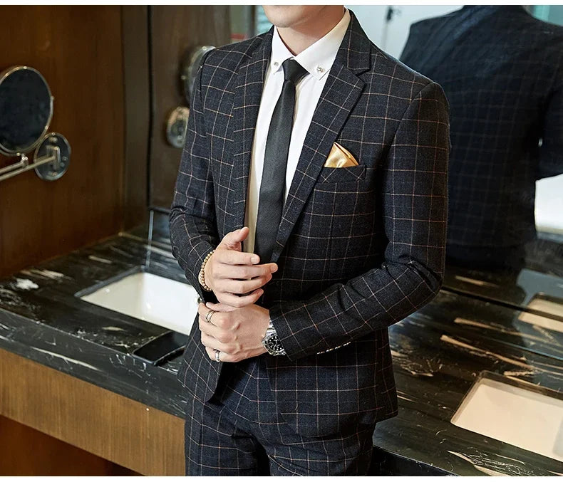 2025 Suit (Blazer+ Pants) Men's Boutique Fashion, Business Gentleman, Slim Fit, Outdoor Wedding, Plaid Trend, Banquet Suit