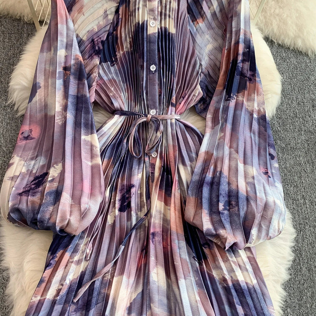Printed round Ne Lantern Sve Dr Women's Single Button Waist Cinch Maxi Skirt Long Dr Commute Sle Autumn
