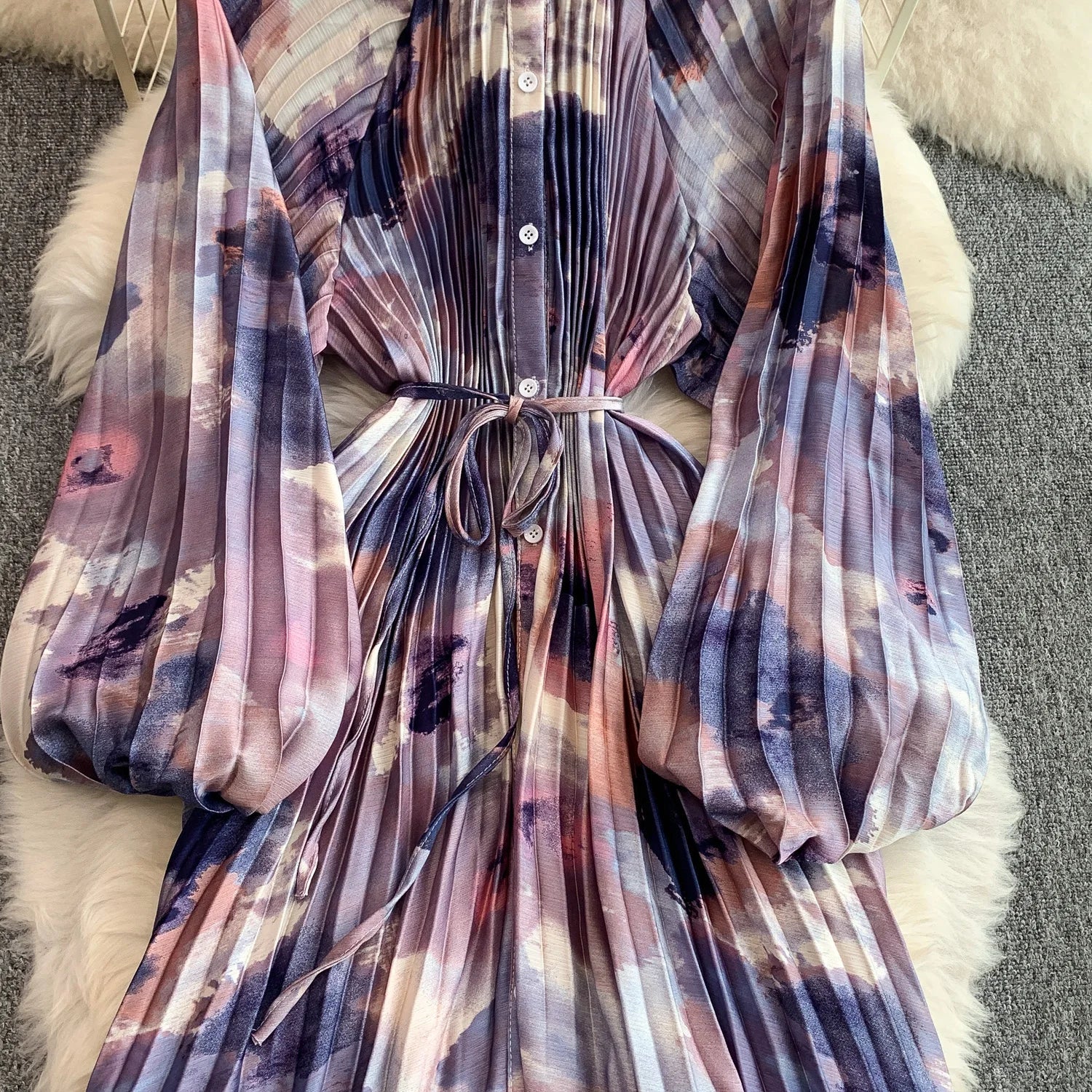 Printed round Ne Lantern Sve Dr Women's Single Button Waist Cinch Maxi Skirt Long Dr Commute Sle Autumn