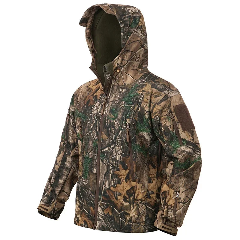 Men's Silent Camouflage Hunting Jacket Waterproof Fleece Tactical Jackets Soft Shell Outdoor Hiking Fishing Hooded Coat