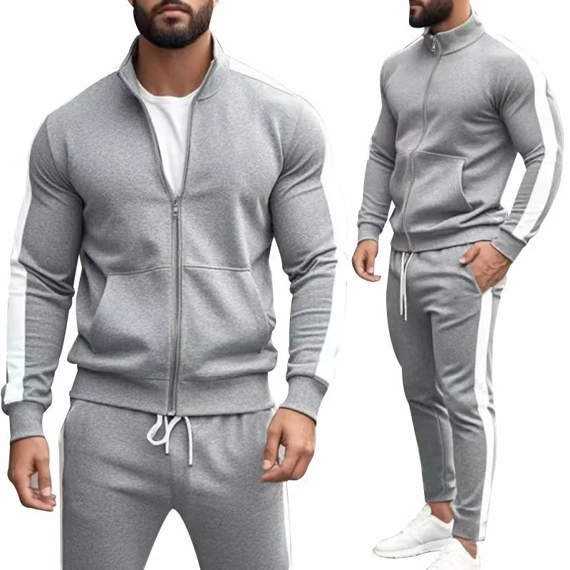 2025 Spring Autumn Men's 2-Piece Set Color Blocking Zipper Stand Collar Casual Sports Jacket Sweatshirt Trousers Suit
