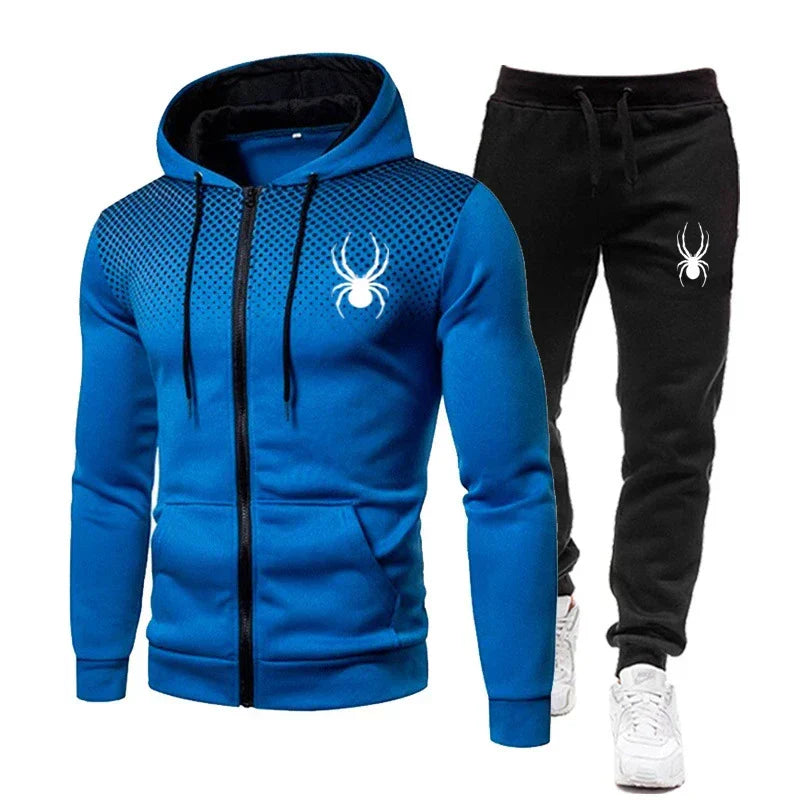 2025 Spring Winter spider print zipper long-sleeved hoodie + stretch waist pants two-piece men's sports jogging fitness suit