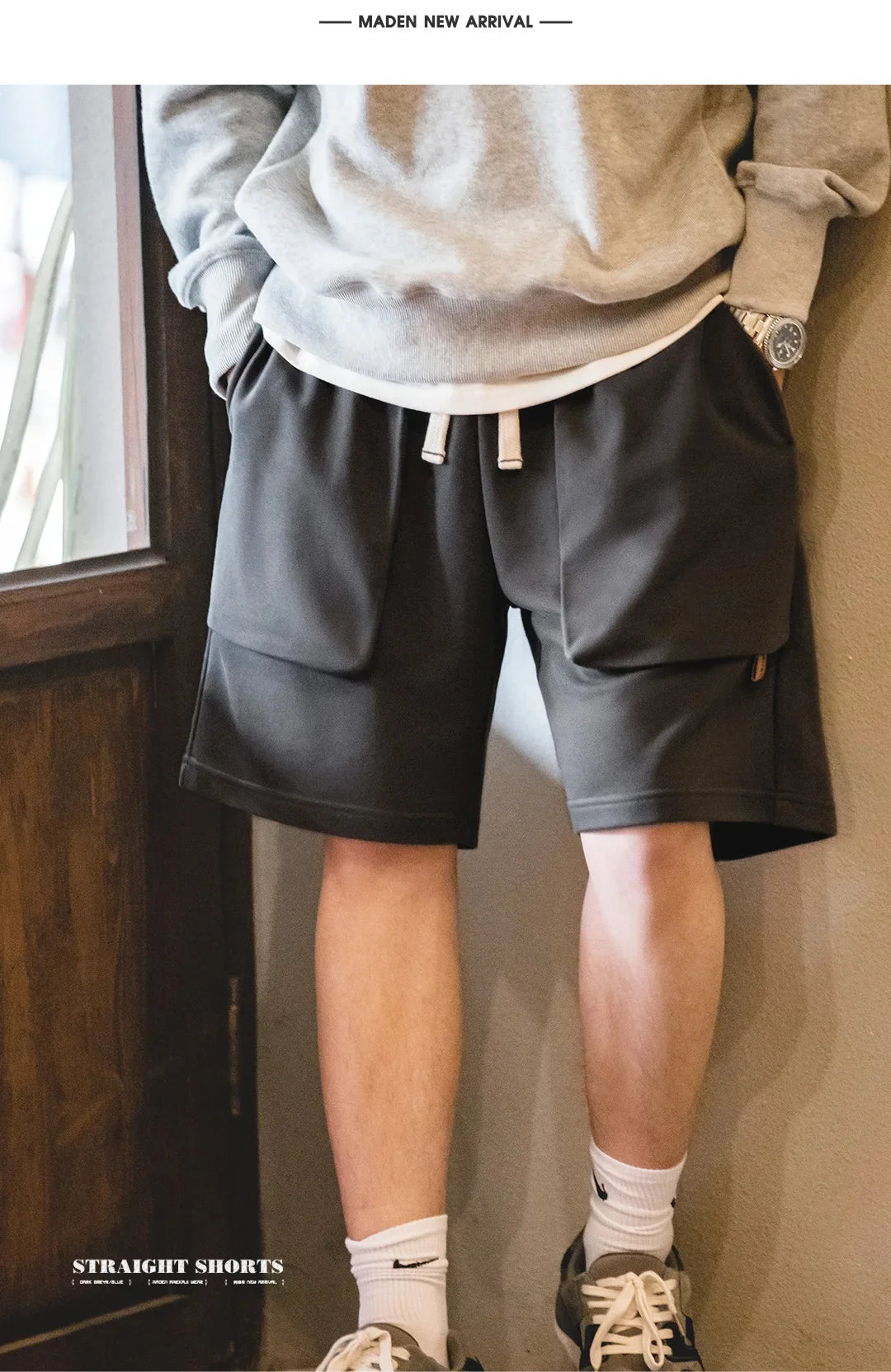 Maden Casual Heavyweight Knit Shorts for Men Straight Loose Large Pockets Sports Short Sweatpants Elastic Waist Athletic Shorts