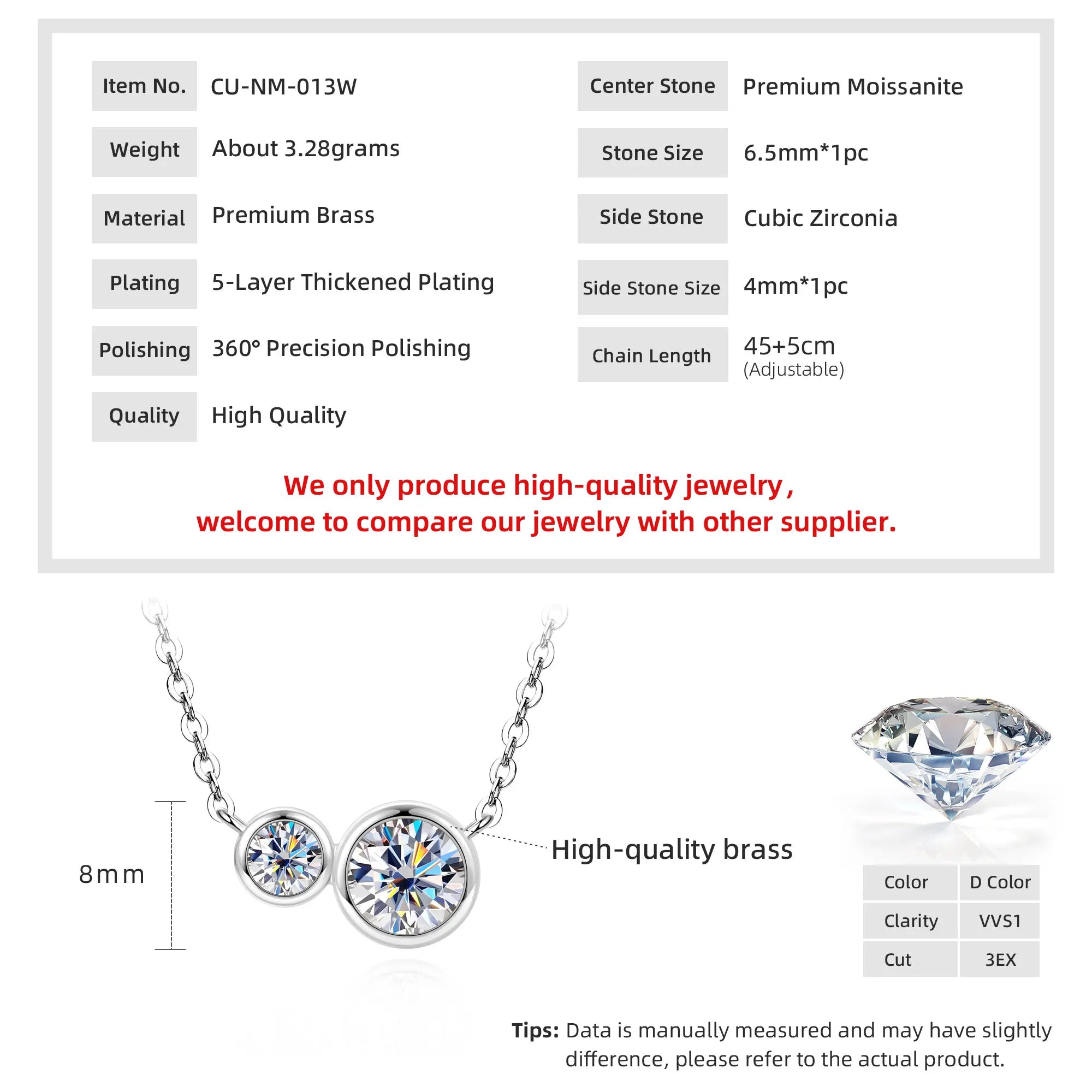 GRA Certified D VVS1 1.0CT Moissanite Diamond Round Pendant Necklace for Women Chain Fine Neck Jewelry Gifts Collares