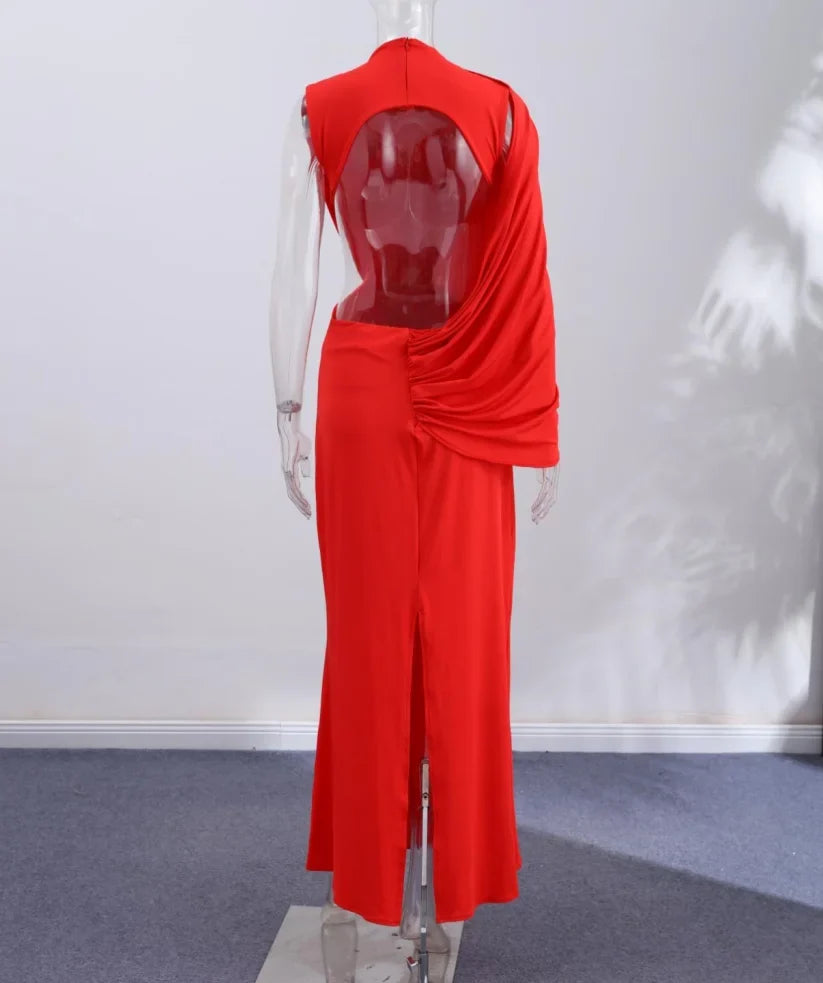 Red Asymmetrical Draped Backless Maxi Dress One Shoulder High Neck Cutout Bodycon Evening Gown For Women Formal Party