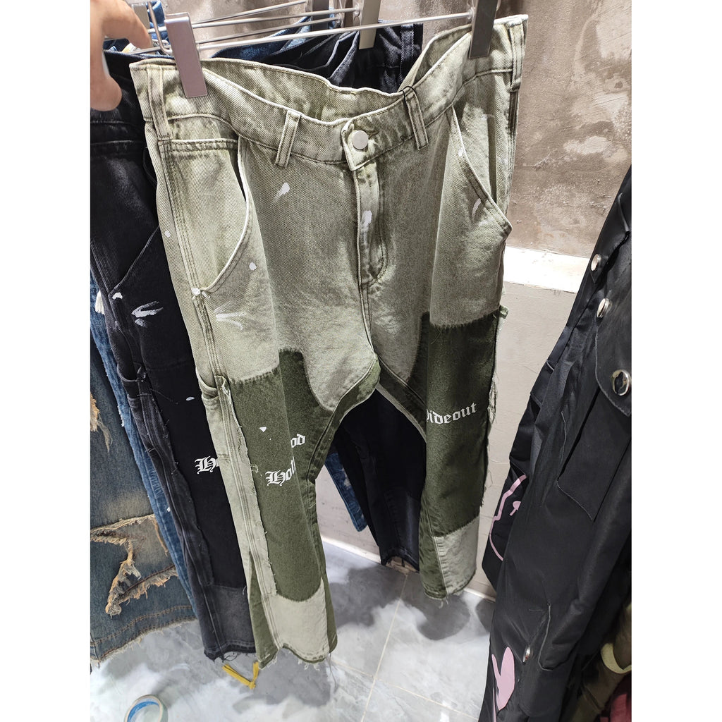 Vintage Distressed Jeans Green Graffiti Men's Flared Denim Jean