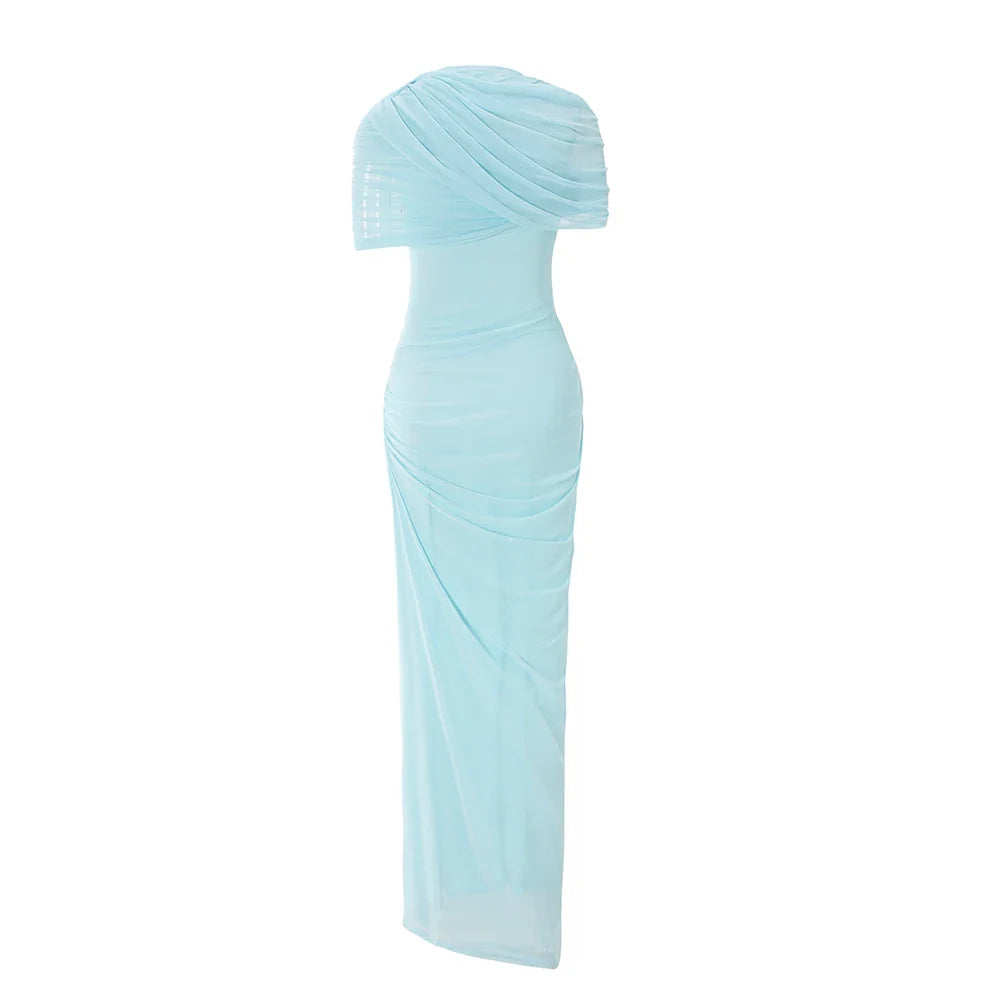 Suninheart Women Elegant Bodycon Maxi Dress Ruffled Long Mesh Dress Sexy Blue Vacation Wedding Guest Party Dresses