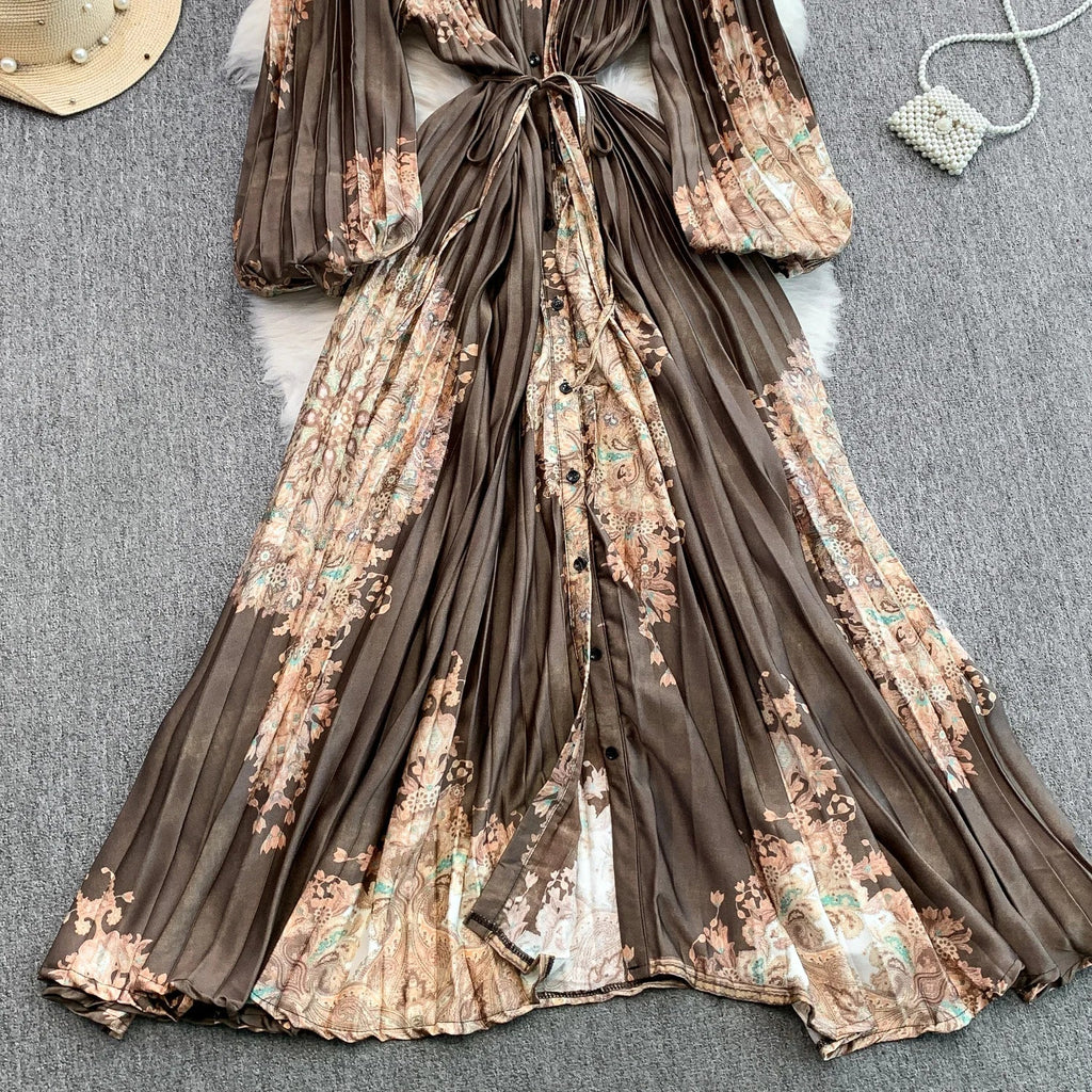 Printed round Ne Lantern Sve Dr Women's Single Button Waist Cinch Maxi Skirt Long Dr Commute Sle Autumn
