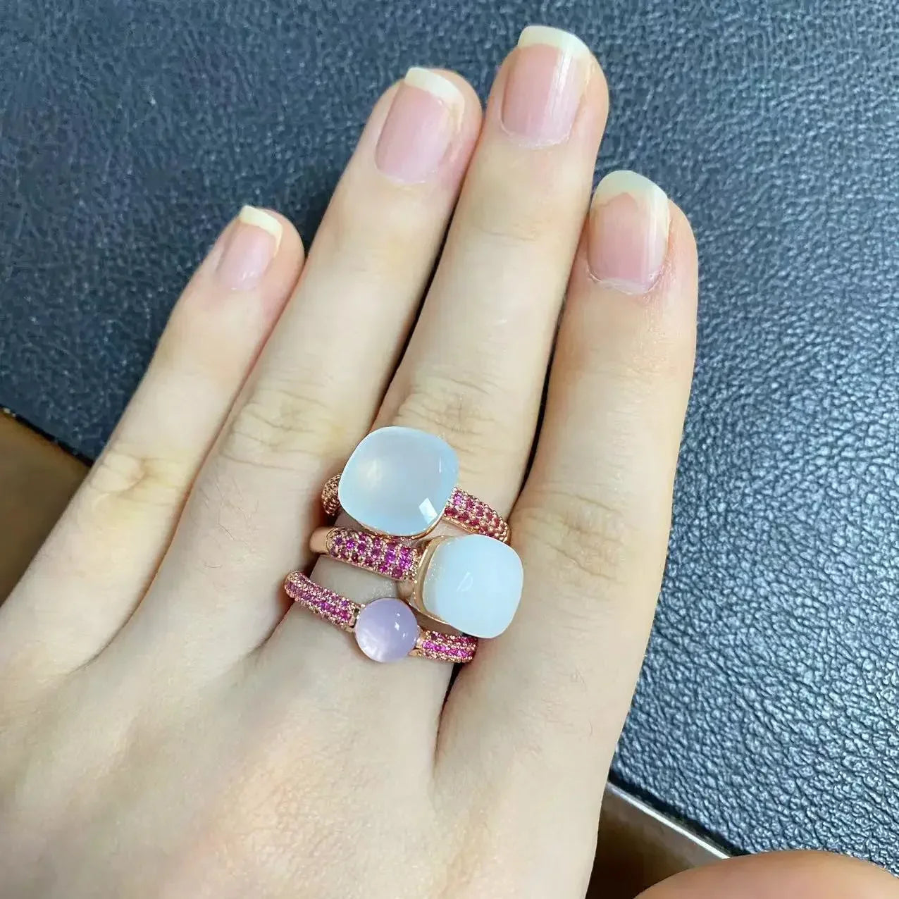 3Pcs/Set Nudo Ring Stacking Set for Women Mix Color Candy Crystal Inlay Zircon Amethyst Blue Topaz Round Jewelry Gift
