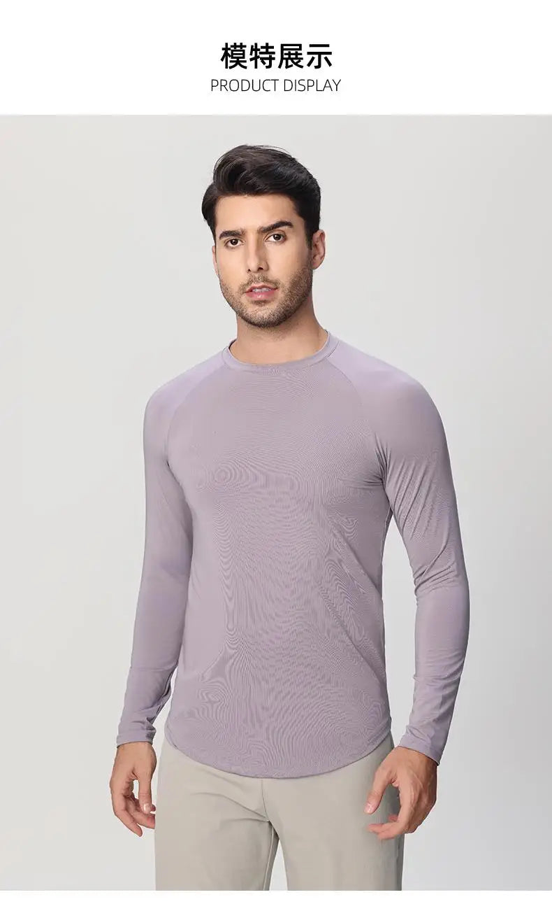 Sports Long-sleeved T-shirt Men Curved Hem Warm Gym Fitness Clothes Quick-drying Breathable Running Training Round Neck Top