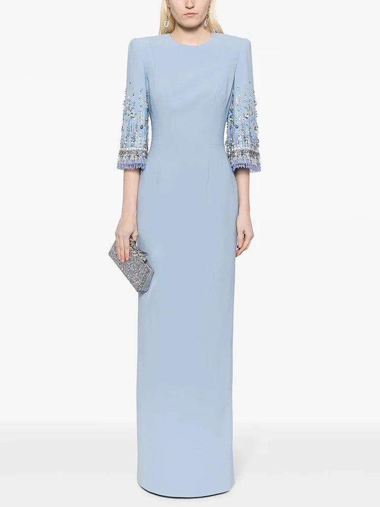 Newest Fashion 2026 S/S Designer Vestido Women's Half Sleeve Stunning Beaded  Long Maxi Dress