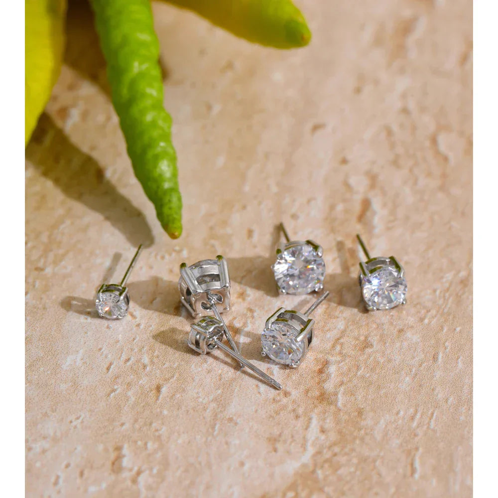 1Set High Quality Shiny Cubic Zirconia Round Stud Earrings Daily Stainless Steel Versatile Premium Jewelry Party Gift