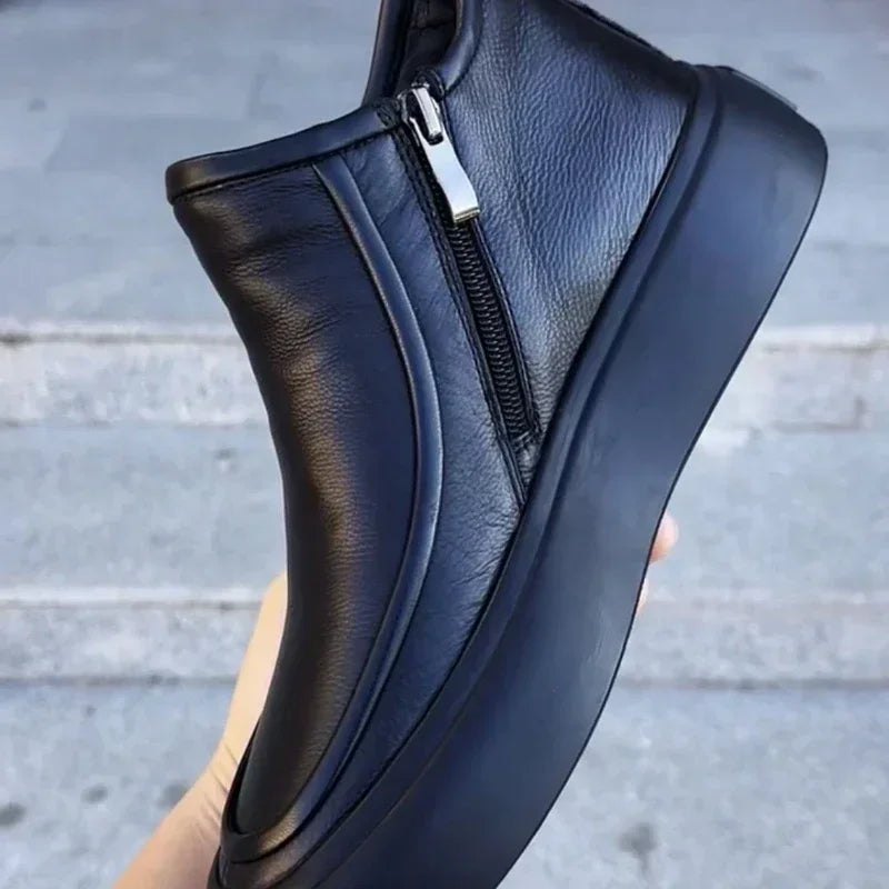 Black Men's Ankle Boots Luxury Designer Men Boots Platform Zipper High-Top Casual Shoes Versatile Comfortable Leather Shoes New