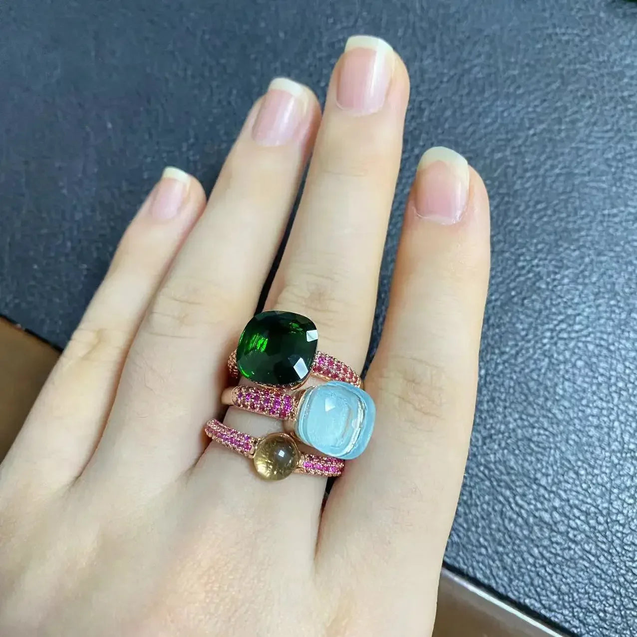3Pcs/Set Nudo Ring Stacking Set for Women Mix Color Candy Crystal Inlay Zircon Amethyst Blue Topaz Round Jewelry Gift