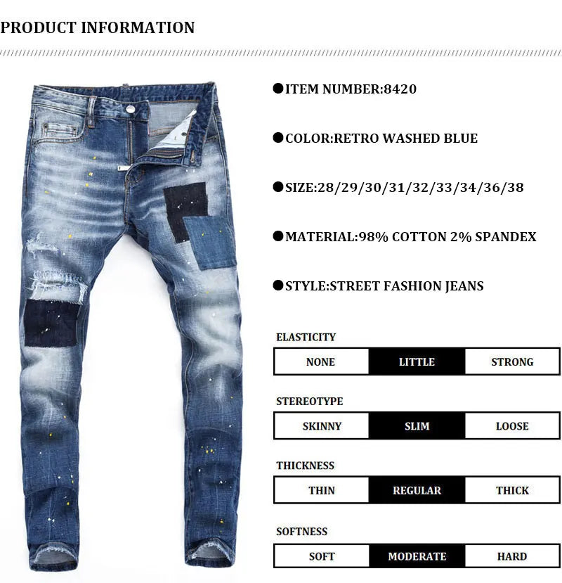 Street Fashion Men Jeans Retro Blue High Quality Elastic Skinny Fit Ripped Jeans Men Patched Designer Hip Hop Brand Pants Hombre