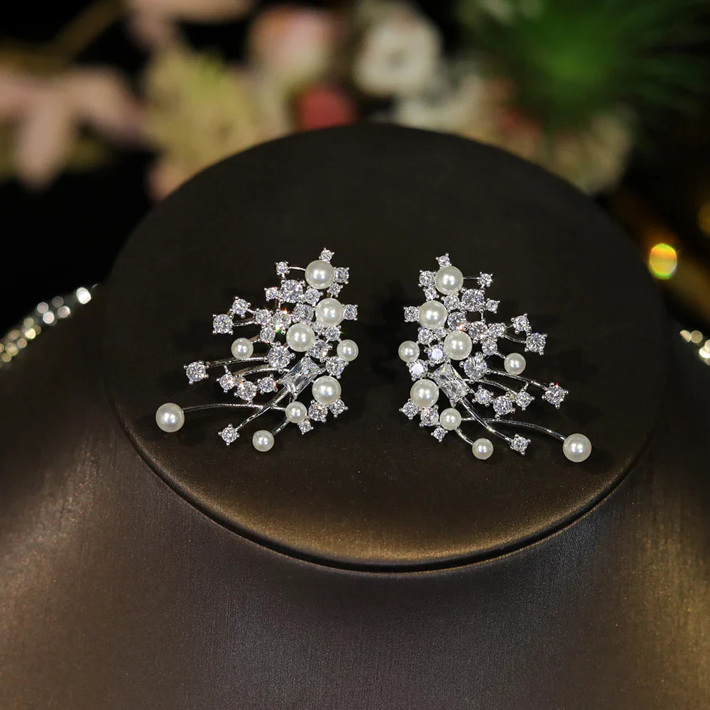 Gorgeous Cubic Zirconia Stone Choker Fashion Pearl Necklace for Women Wedding Bridal Costume Jewelry Set X0620