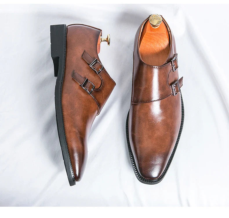 Men's Monk Leather Shoes Pointed Toe Buckle Dress Shoes Oxfords Classic Retro Business Office Wedding Comfortable