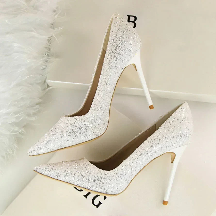 Women Luxury Bling Red  Blue Valentine Party Scarpins Pumps Lady Glitter Sequins 7cm 9.5cm High Heels Designer Shoes Plus Size