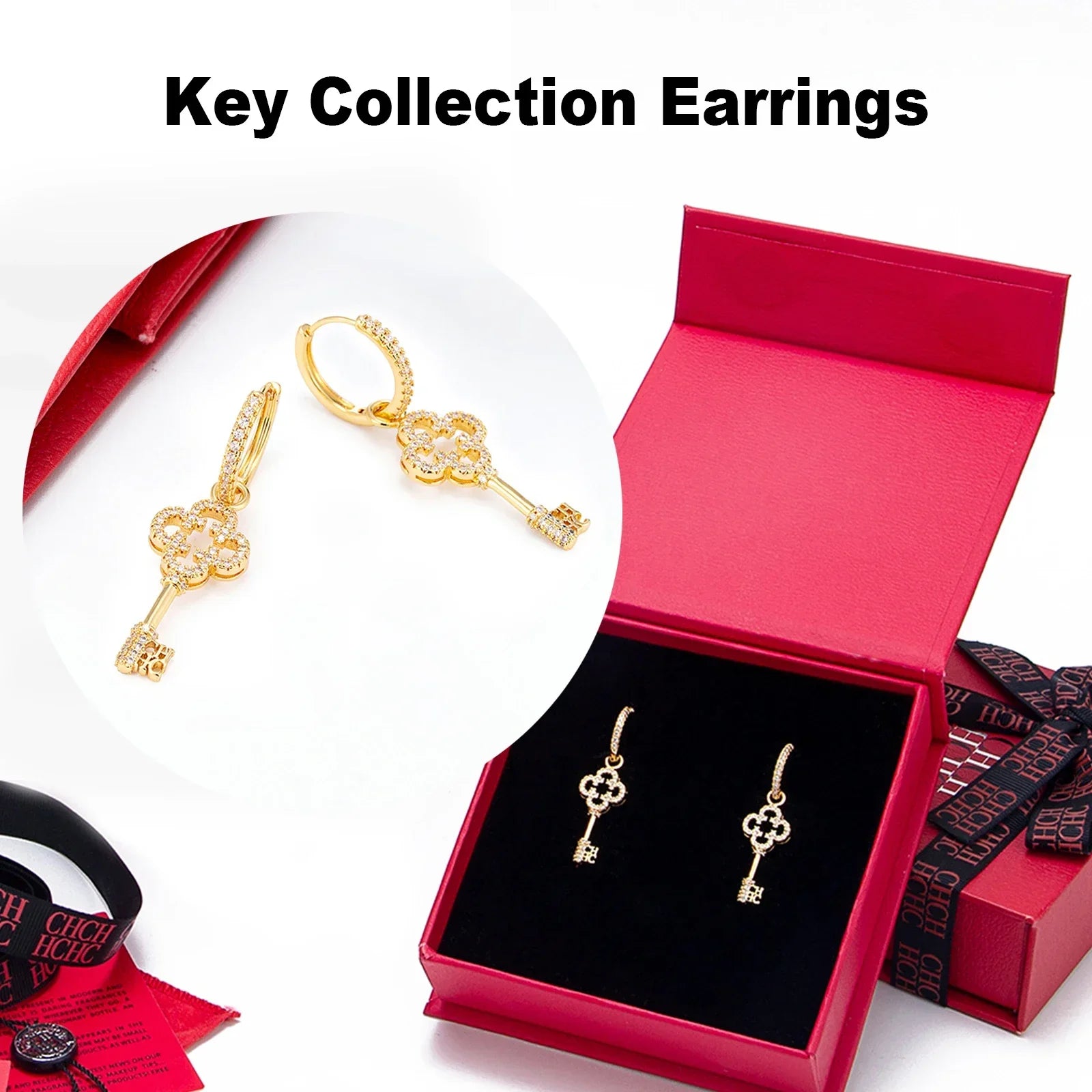 2025 Key Shape Jewelry Set Necklace Earrings Bracelet Ring Gold Plated Brass Zircon Adjustable Light Luxury Gift For Her Party