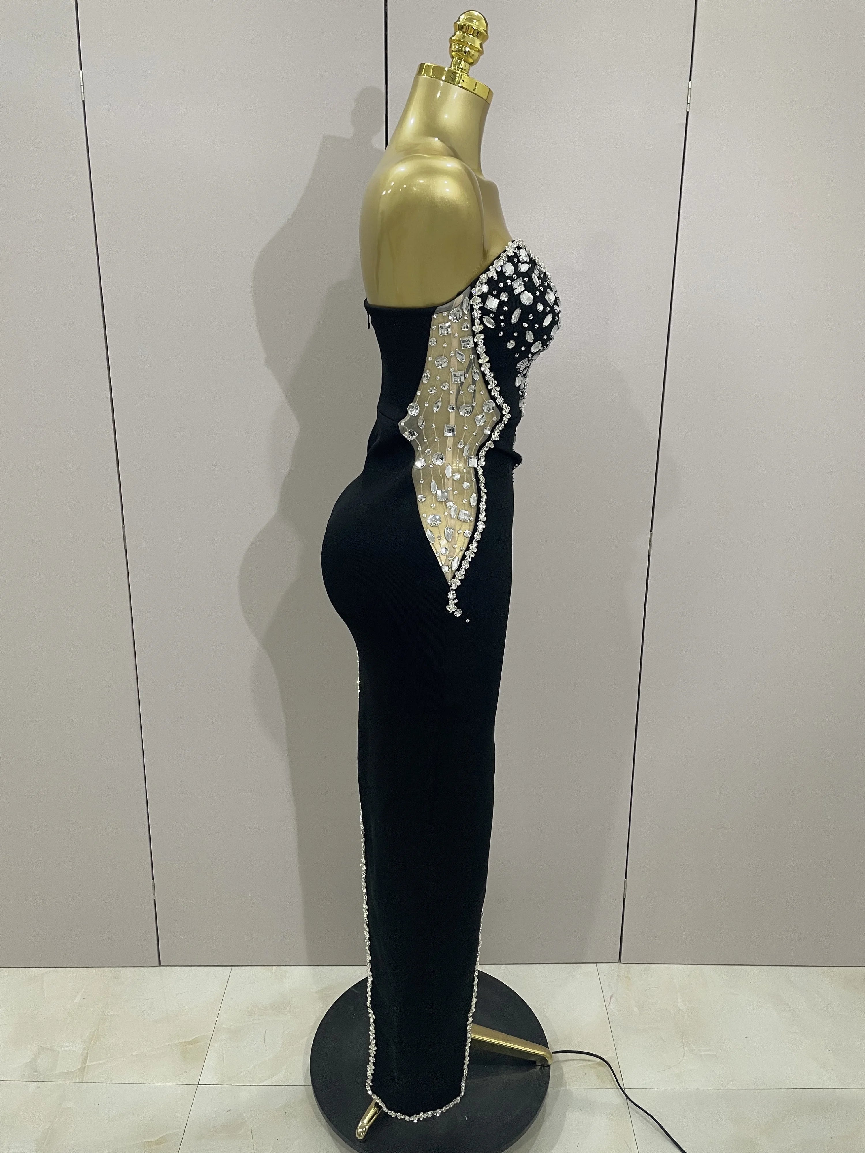 Newest High Quality Sexy Strapless Shinning Rhinestones Bodycon Bandage Long Dress Women Fashion Celebrate Evening Party Vestido