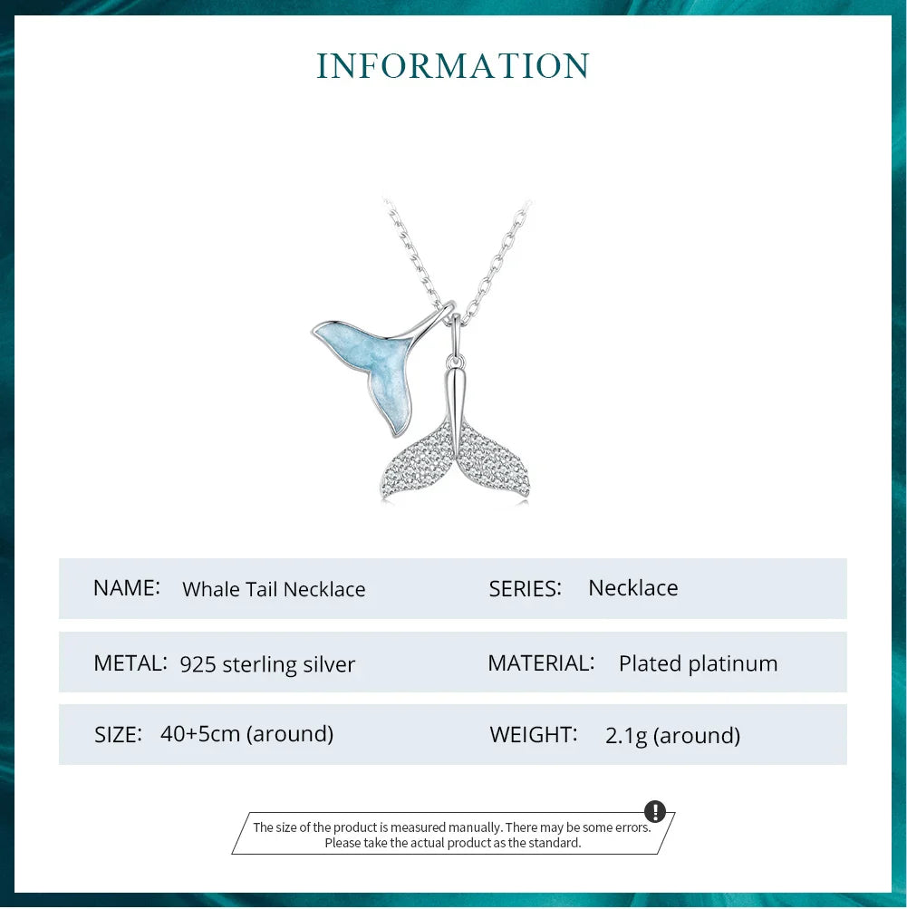 925 Sterling Silver Sky Blue Enamel Whale Tail Pendant Necklace Double Fish Tail Neck Chain for Women Fine Jewelry BSN294