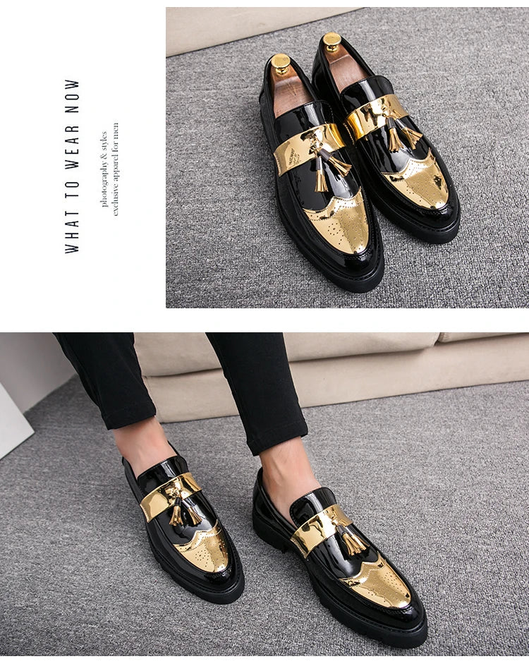 Fashion Golden Men's Casual Slip-On Tassel Patent Loafers Thick Bottom Elevator Shoes Men's Party Shoes Business Shoes Brogue