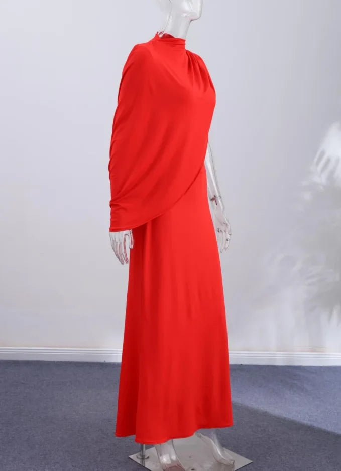 Red Asymmetrical Draped Backless Maxi Dress One Shoulder High Neck Cutout Bodycon Evening Gown For Women Formal Party
