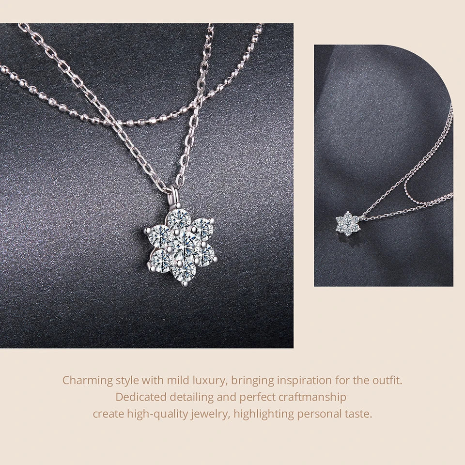 Double-layer Moissanite Necklace for Women, 925 Sterling Silver Snowflake Pendant Necklace for Women Dazzling Winter Gift
