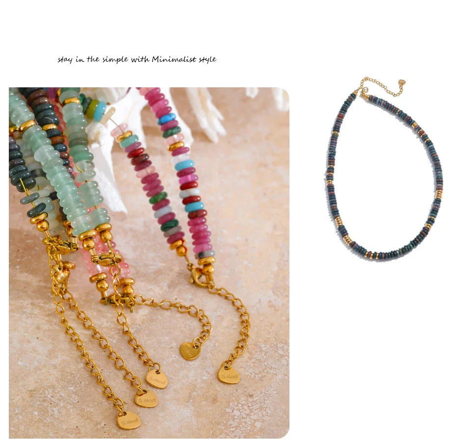 Colorful Natural Stone Beads Handmade Chain Y2K Fashion Necklace for Women Stainless Steel Waterproof Collar Jewelry Gift