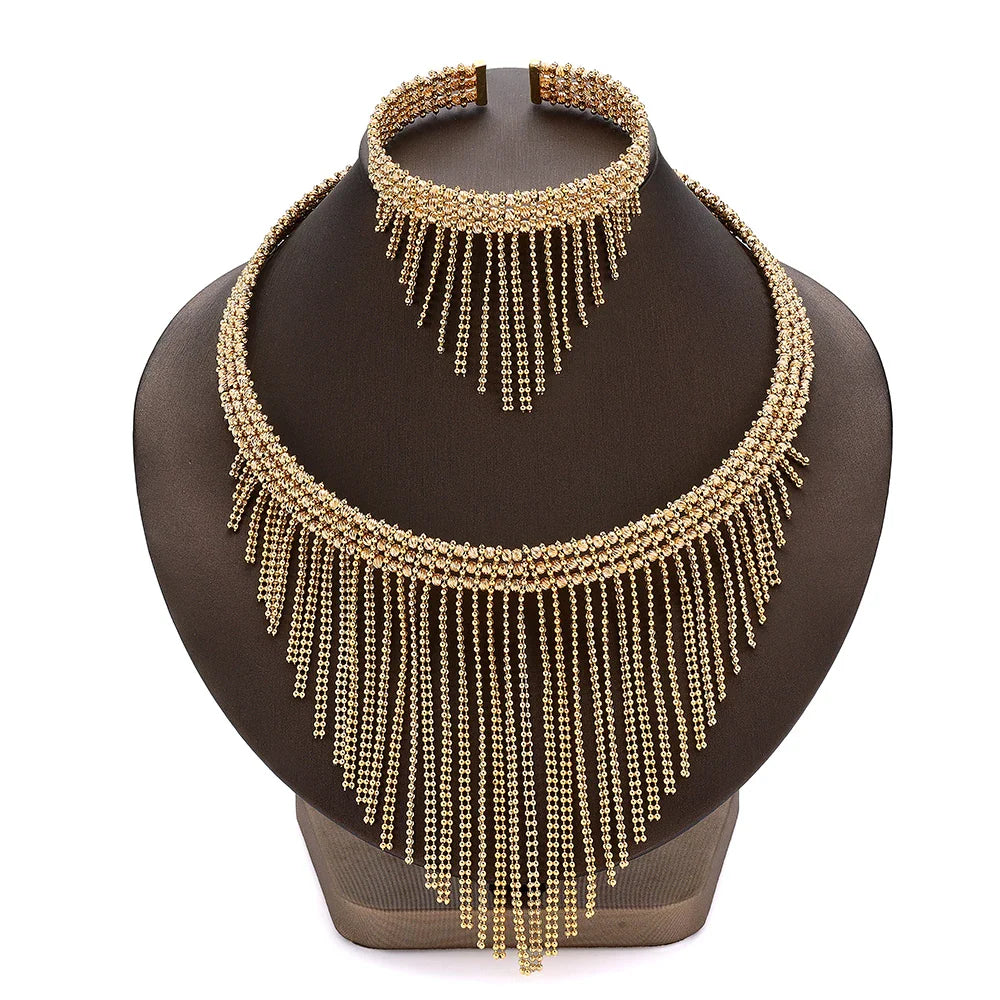 Luxury Wedding Jewelry Set Dubai Nigeria Bridal Jewelry Sets For Women Party Gold Plated Copper Tassel Beads Necklace