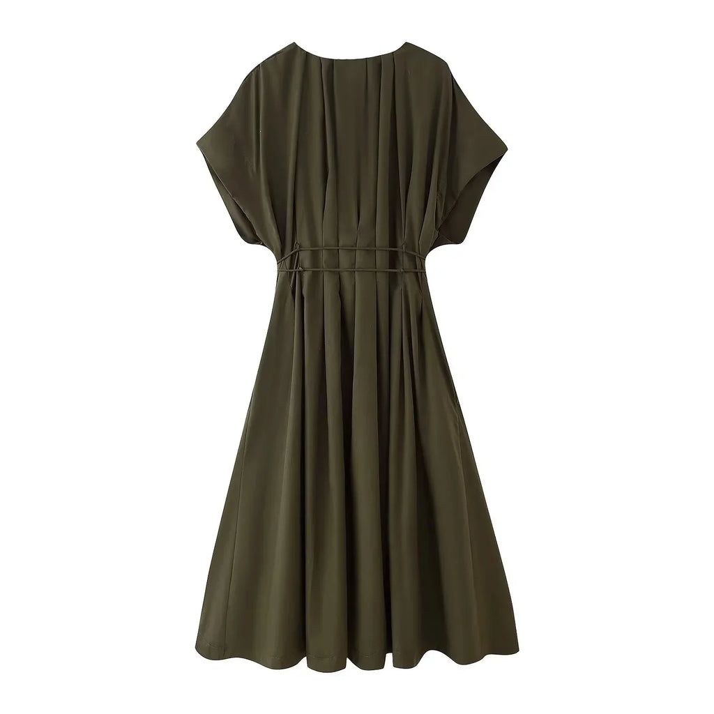 2026 Spring Summer Vintage Women Dress Fashion Single Breasted Sashes Draped V Neck Sleeveless Chic Brown Ladies Dresses