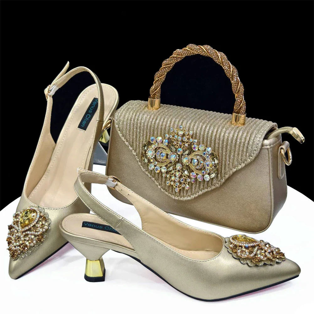 Women's Pink High Heel Frosted Crystal Shiny Rhinestone Party Pointed Shoes And Bag