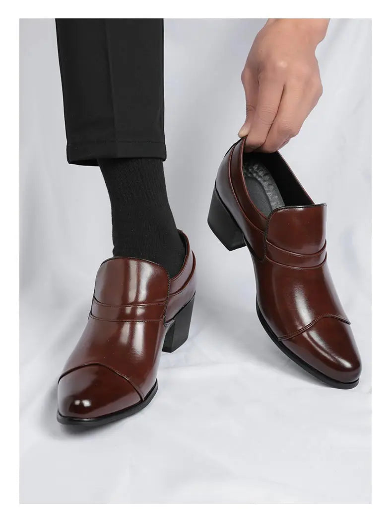 Premium Leather Men Shoes Slip On Loafers European Brand Business Casual Wedding Party Plaid Design Height Increasing