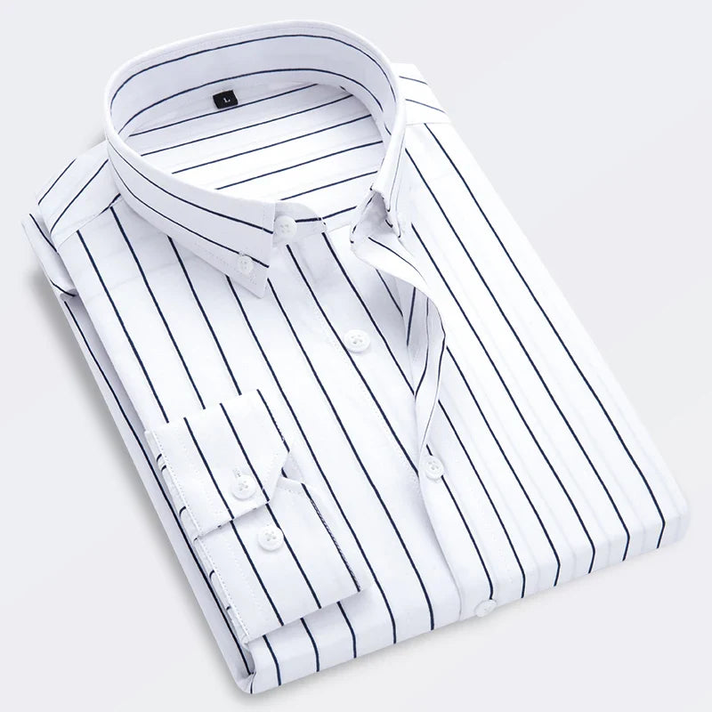 M-5XL 2023 Autumn New Men's Striped Shirt Solid Casual Long Sleeve Slim Fit Korean Edition Business Formal Laydown Shirt