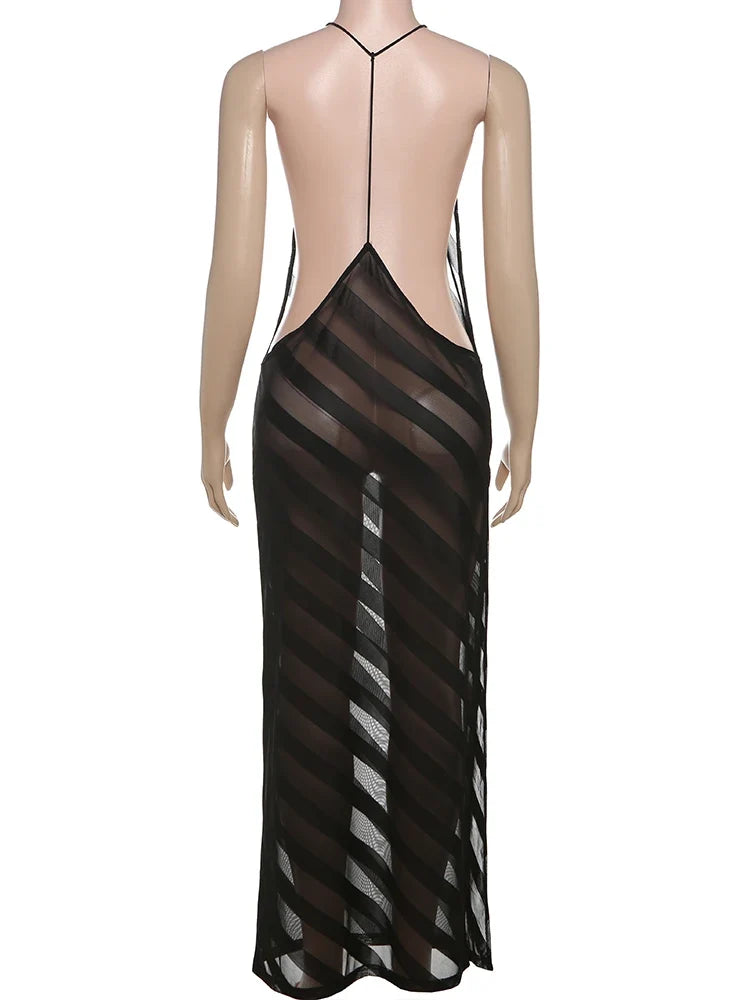 Summer Release Junior Ankle-Length Sexy High Street Dress Perspective Girl Solid Halter Slim Cleavage Backless Robe