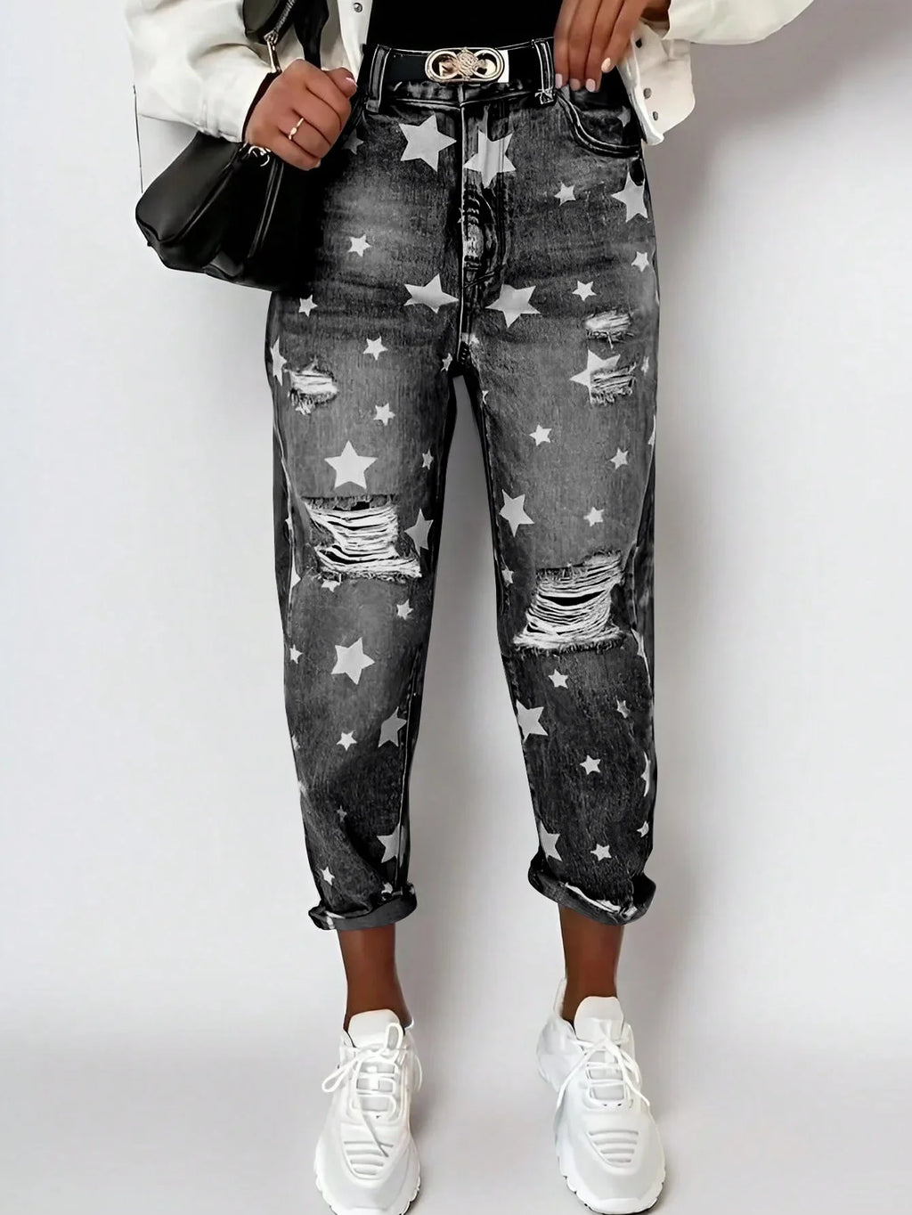 Jeans Denim Holes Ripped Washed Jean Ankle Length Straight Pants Women Spliced Pockets Loose Fit Casual 2025 Distressed