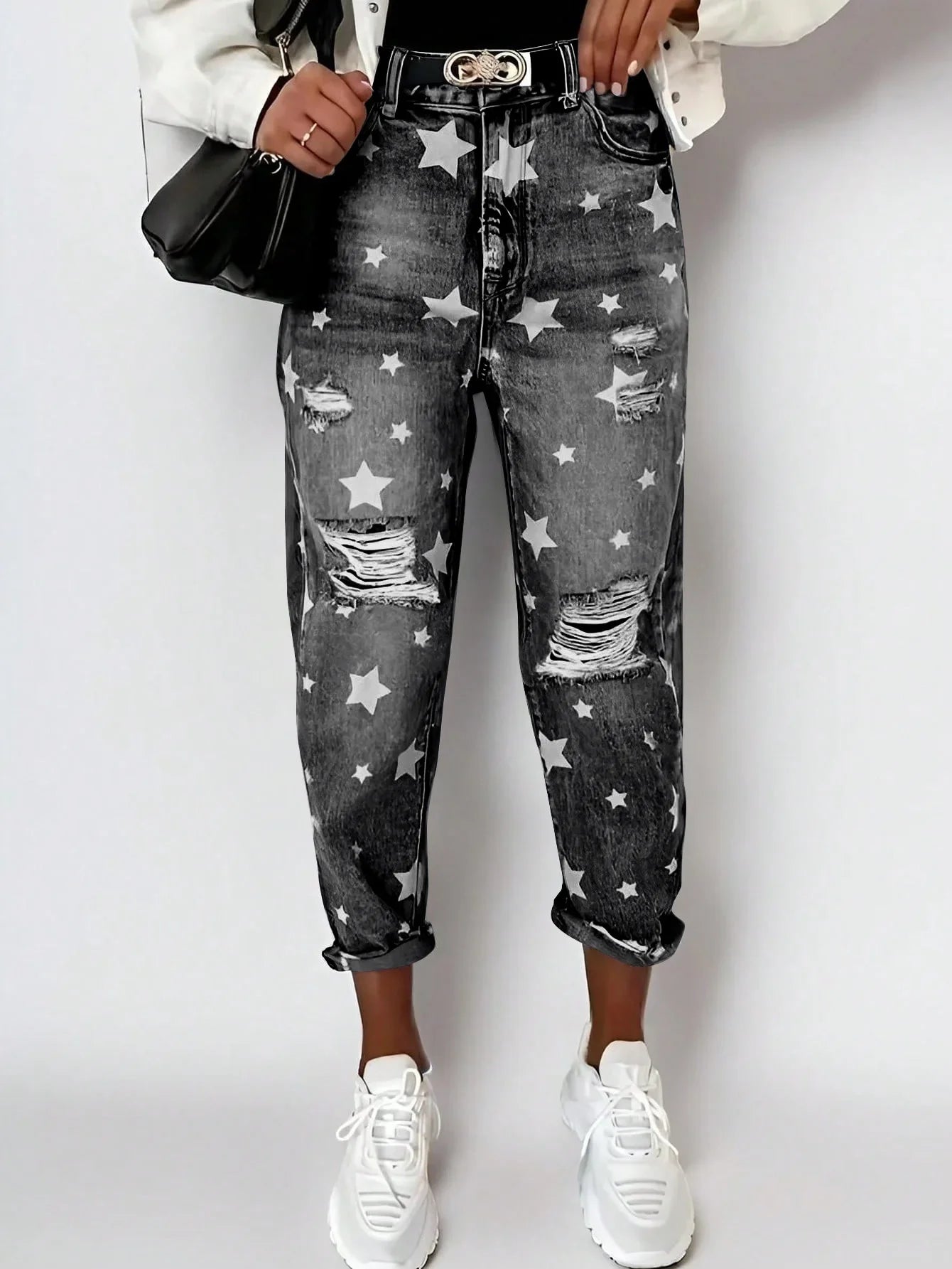 Jeans Denim Holes Ripped Washed Jean Ankle Length Straight Pants Women Spliced Pockets Loose Fit Casual 2025 Distressed