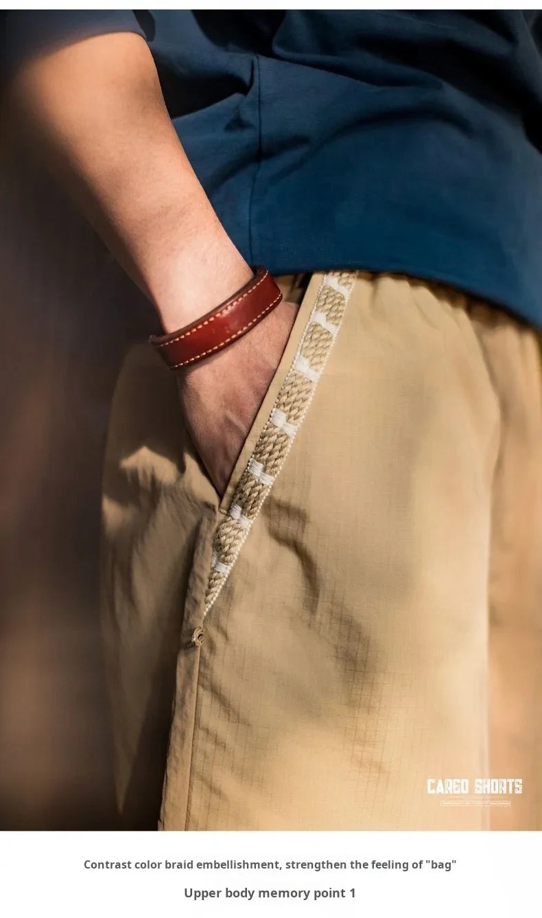 Outdoor Quick-Dry Khaki Cargo Shorts Men's Summer Lightweight Woven Straight Leg Beach Pants Elastic Waist Pocket Shorts