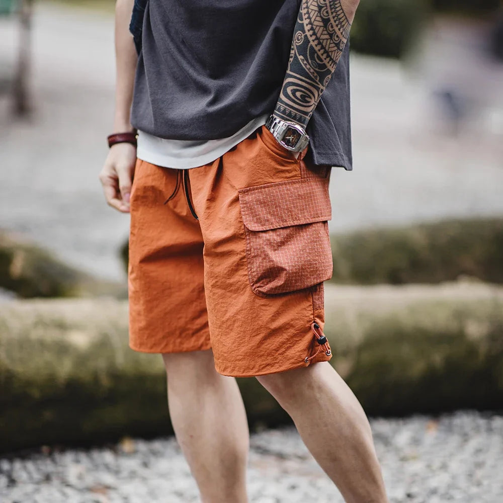 Summer Men Straight Shorts Orange Patchwork Gingham Loose Beach Pants Plus Size Shorts Elastic Waist Light Breathable