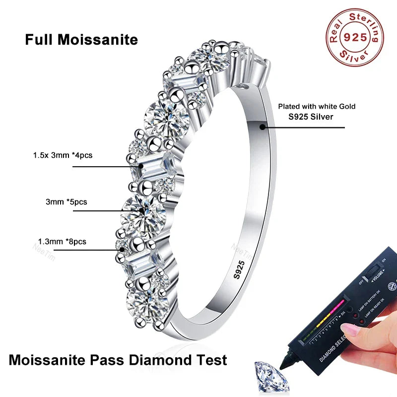 Emerald Cut Round Cut Full Moissanite Ring for Women Sparkling 925 Sterling Silver Lab Diamond Wedding Band Fine Jewelry