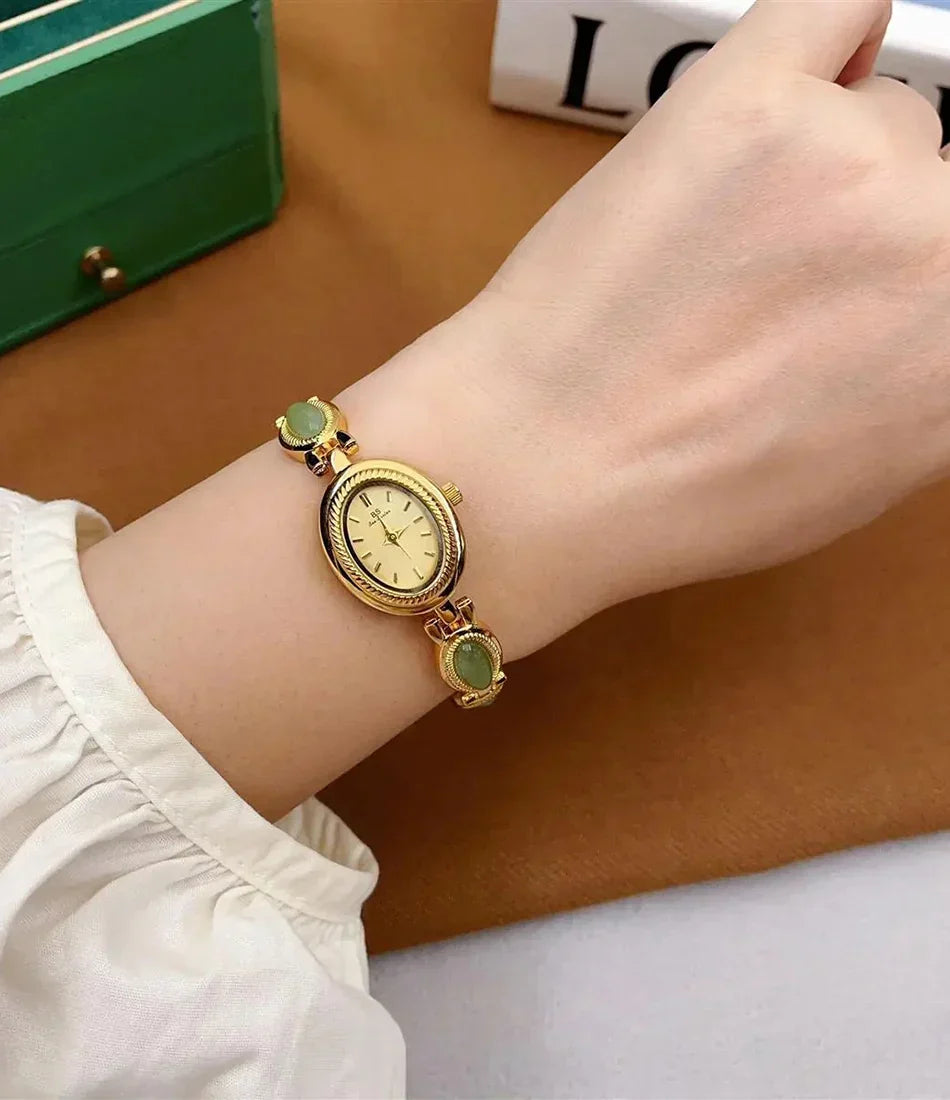 Women's Gold Watch Vintage Brown Jade Bracelet Small Dial Quartz Daily Wear Party Clock Luxury Waterproof Ladies Watches Gifts