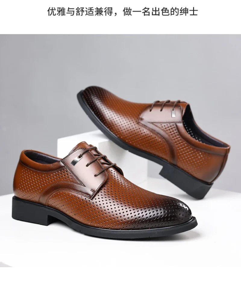 Mens Black Genuine Leather Perforated Metal Decor Lace Up Formal Business Office Breathable Summer Shoes Hollow Stylish Simple