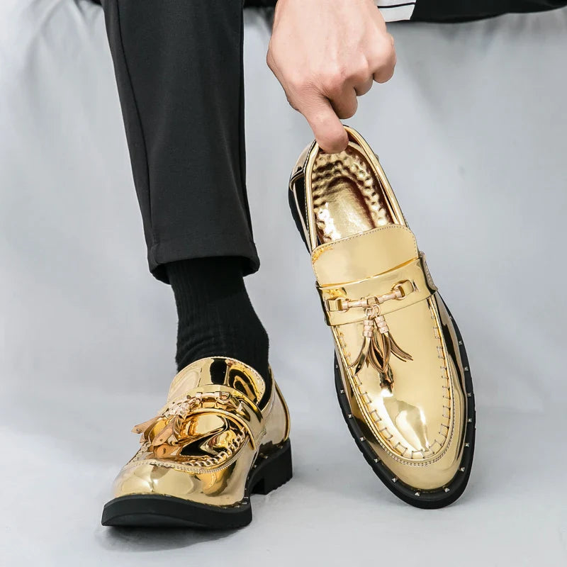 Luxury Golden Patent Leather Shoes Man Oxford Shoes Designer Tassel Formal Shoes for Men Fashion Social Dress Shoes Business