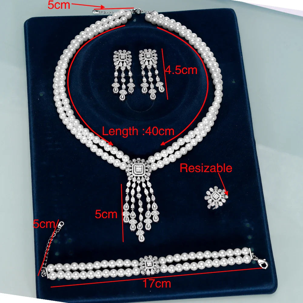 New Trendy Double Row Pearl Tassel Necklace Earring 4PCS For Women Wedding Party Full Zircon Dubai Bridal Jewelry Set Gift