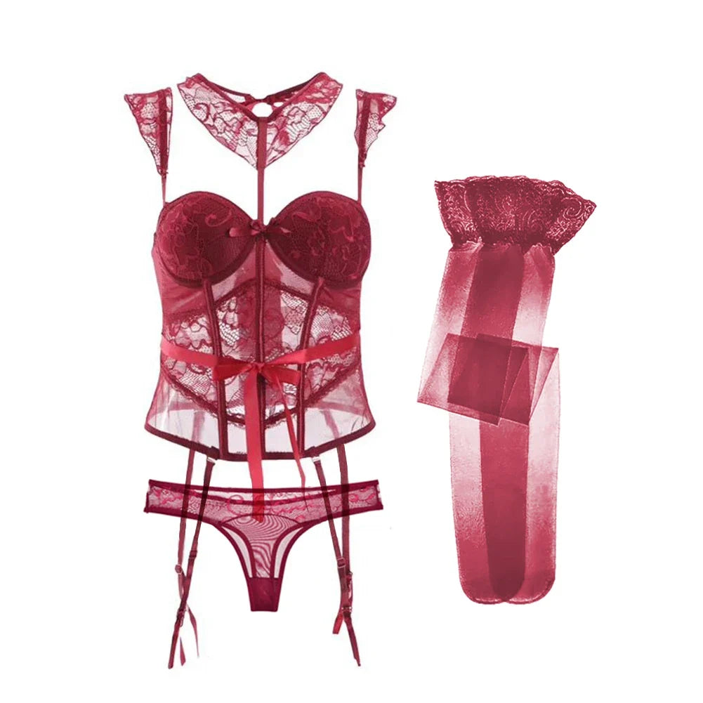 Varsbaby Sexy Lace Corset Body Shapewear Set Women Bustier with Suspenders Stockings Choker 4pcs Body Shapers Lingerie